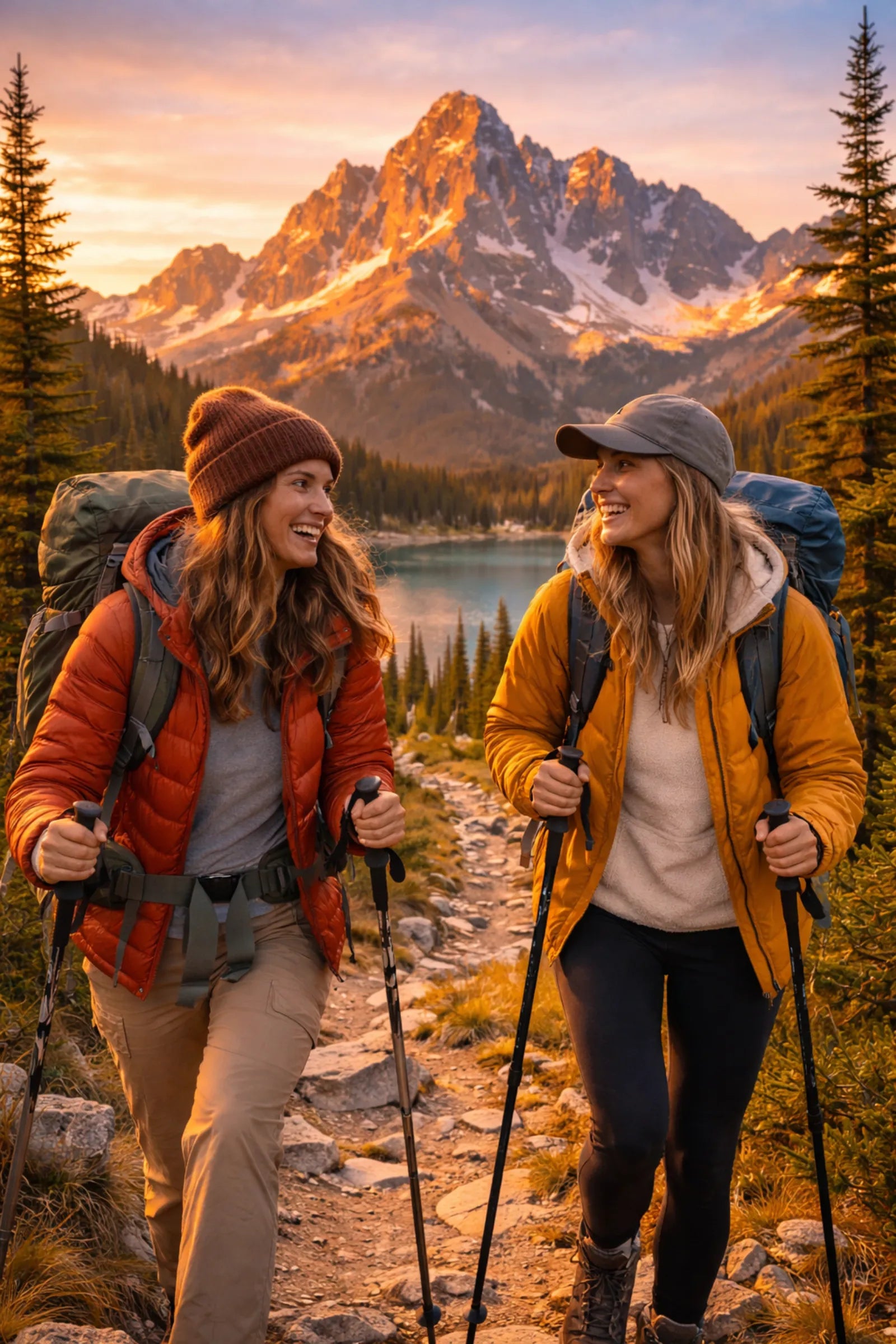 Women hiking at golden hour